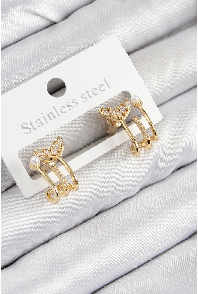 Shoecide Pirinç Zirkon Taşlı İnci Detaylı Balık Kuyruğu Model Gold Renk Kadın Küpe