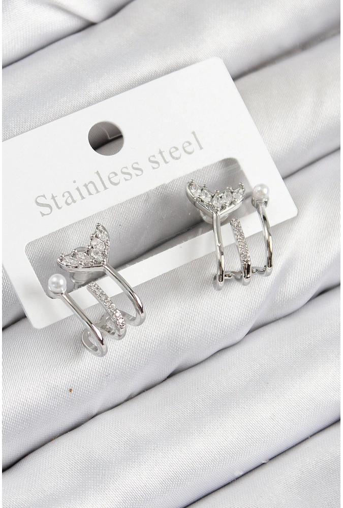 Shoecide Pirinç Zirkon Taşlı İnci Detaylı Balık Kuyruğu Model Gümüş Renk Kadın Küpe