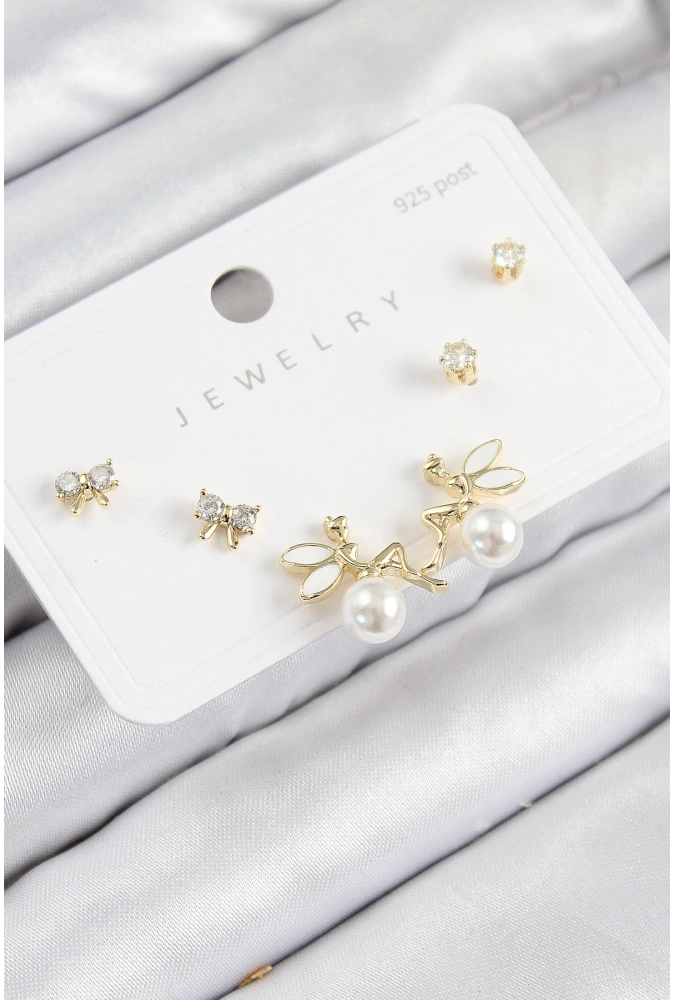 Shoecide Pirinç Zirkon Taşlı İnci Melek Model Gold Renk 925 Ayar Gümüş Çivi Kadın Küpe Set