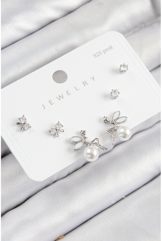 Shoecide Pirinç Zirkon Taşlı İnci Melek Model Gümüş Renk 925 Ayar Gümüş Çivi Kadın Küpe Set