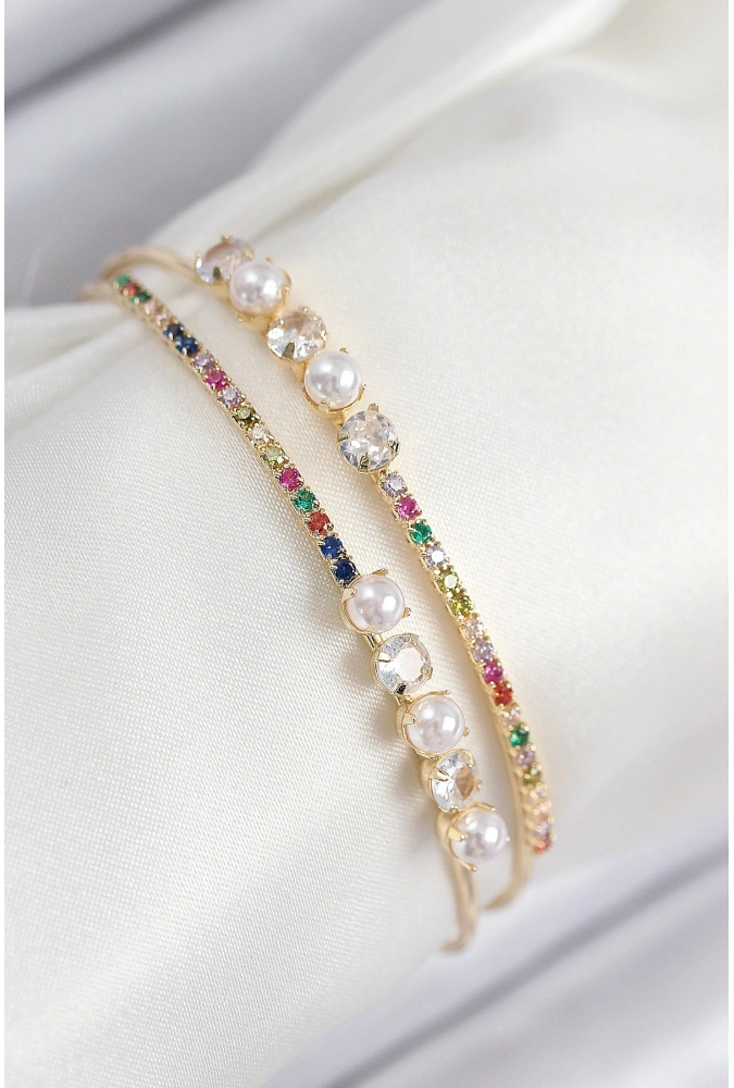Shoecide Pirinç Zirkon Taşlı İnci Model Gold Renk Kadın Bileklik