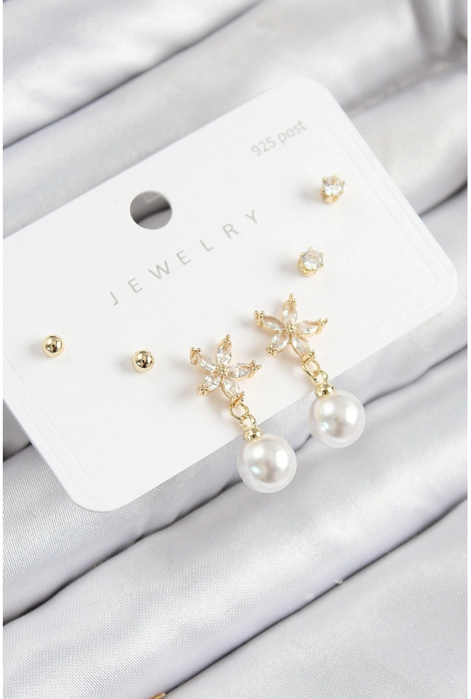 Shoecide Pirinç Zirkon Taşlı İnci Sallantılı Çiçek Model Gümüş Renk 925 Ayar Gümüş Çivi Kadın Küpe Set