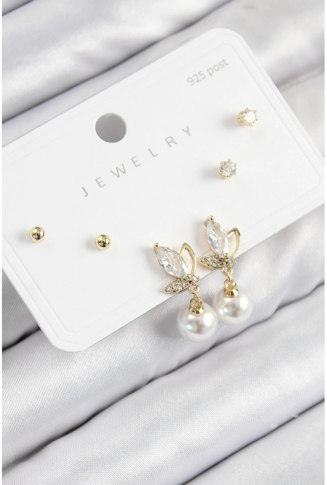 Shoecide Pirinç Zirkon Taşlı İnci Sallantılı Damla Model Gold Renk 925 Ayar Gümüş Çivi Kadın Küpe Set