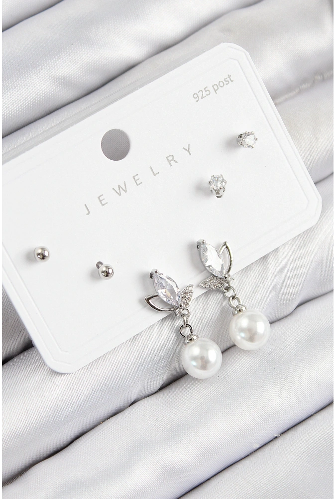 Shoecide Pirinç Zirkon Taşlı İnci Sallantılı Damla Model Gümüş Renk 925 Ayar Gümüş Çivi Kadın Küpe Set