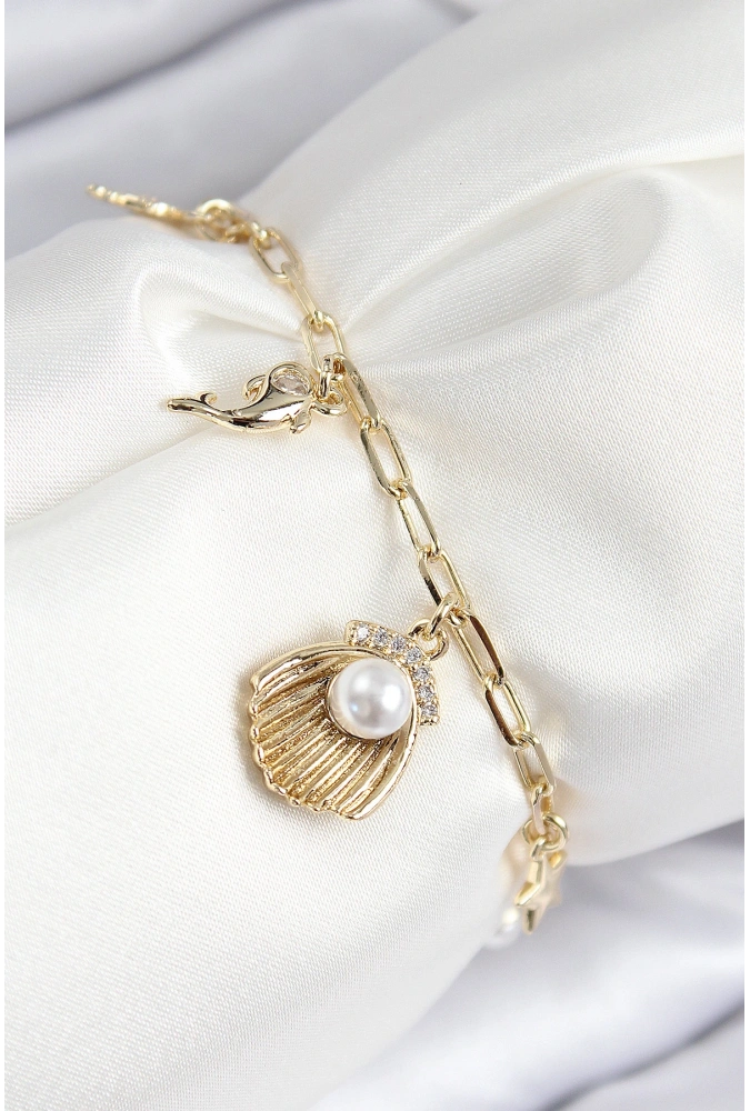 Shoecide Pirinç Zirkon Taşlı İncili İstiridye Model Gold Renk Kadın Bileklik