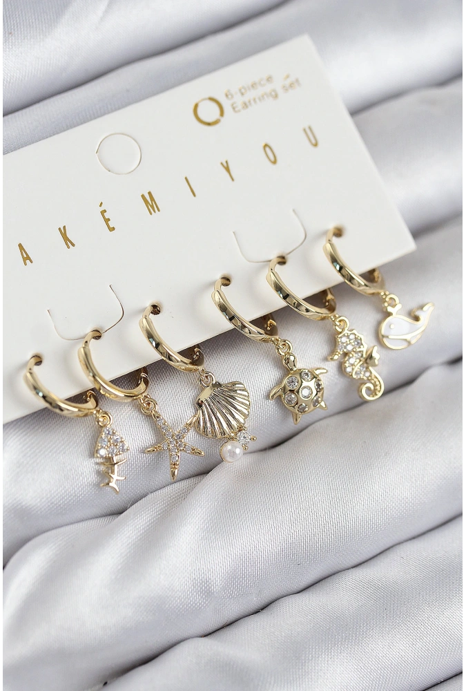 Shoecide Pirinç Zirkon Taşlı İstiridye Balina Ve Yıldız Gold Renk 6lı Küpe Set