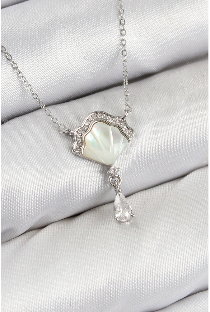 Shoecide Pirinç Zirkon Taşlı İstiridye Model Gümüş Renk Kadın Kolye