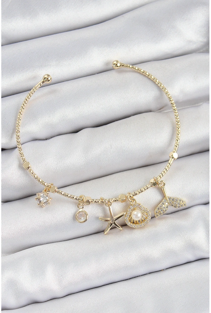 Shoecide Pirinç Zirkon Taşlı İstiridye Ve Deniz Yıldızı Model Gold Renk Charm Bileklik