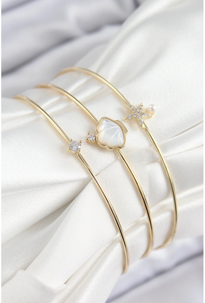 Shoecide Pirinç Zirkon Taşlı İstiridye Ve Deniz Yıldızı Model Gold Renk Vip 3lü Kadın Bileklik