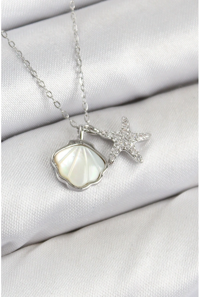 Shoecide Pirinç Zirkon Taşlı İstiridye Ve Deniz Yıldızı Model Gümüş Renk Kadın Kolye