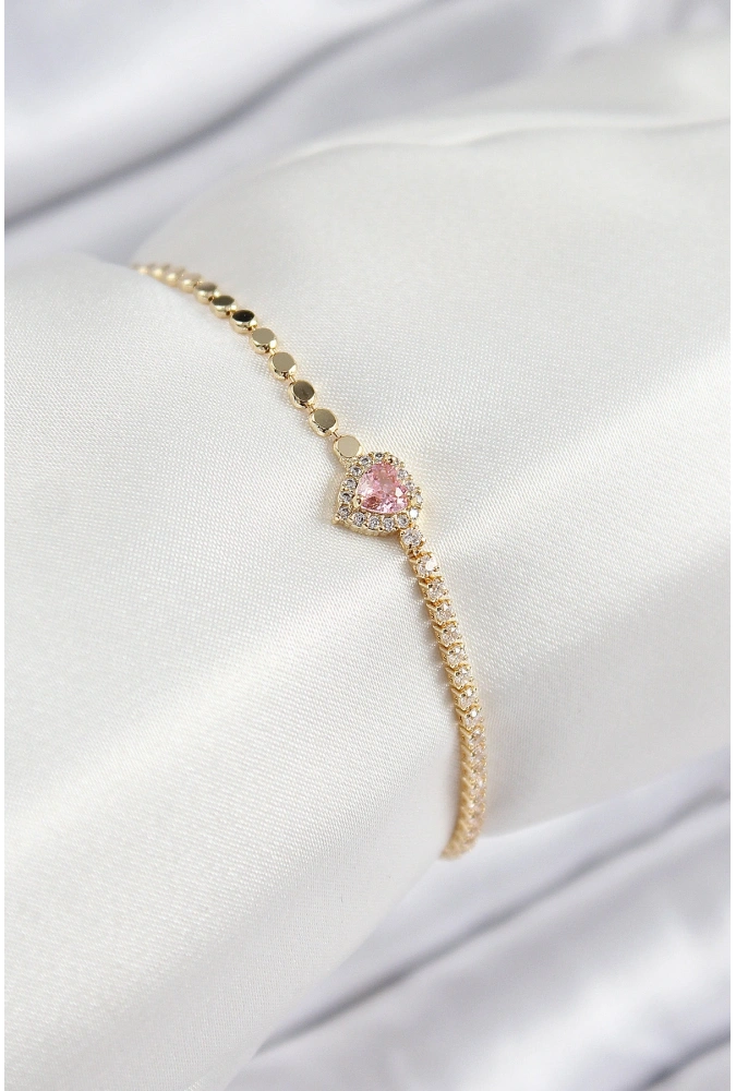 Shoecide Pirinç Zirkon Taşlı Kalp Model Ezme Zincir Gold Renk Kadın Bileklik