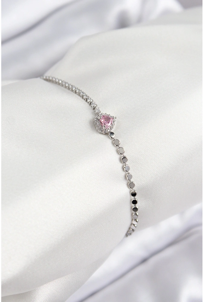 Shoecide Pirinç Zirkon Taşlı Kalp Model Ezme Zincir Gümüş Renk Kadın Bileklik