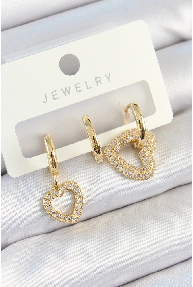 Shoecide Pirinç Zirkon Taşlı Kalp Model Gold Renk 3lü Çift Kadın Küpe Set