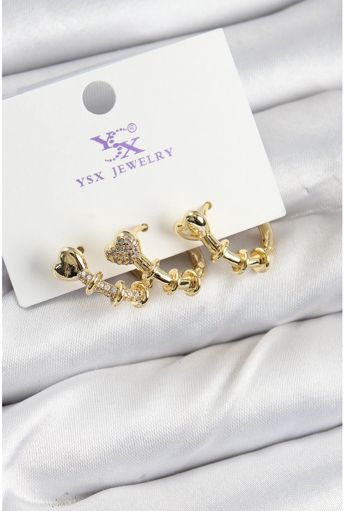 Shoecide Pirinç Zirkon Taşlı Kalp Model Gold Renk 3lü Kadın Küpe