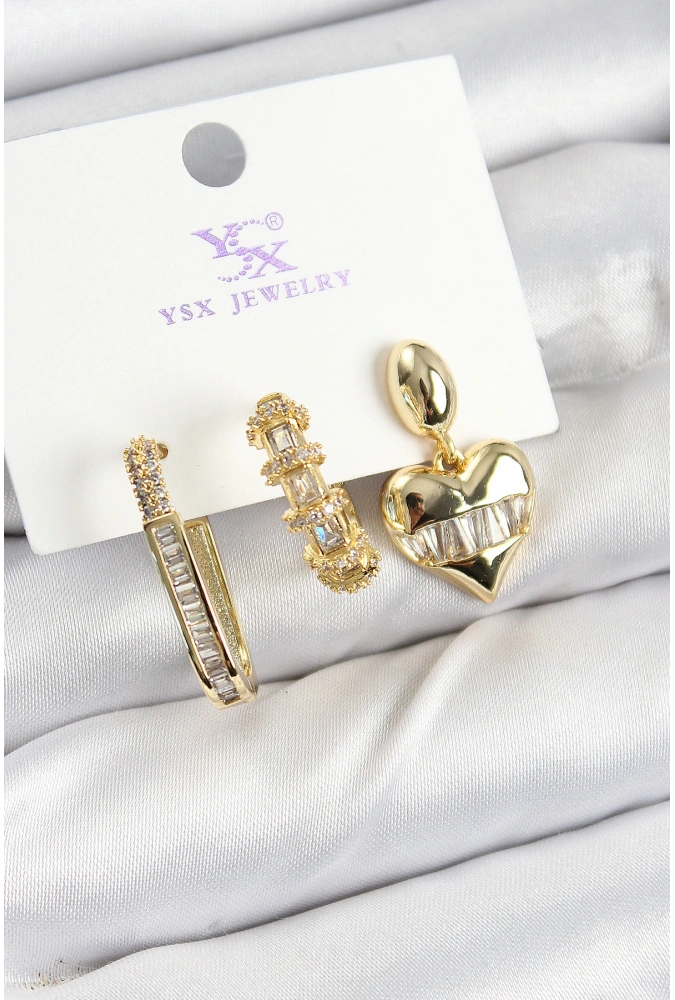 Shoecide Pirinç Zirkon Taşlı Kalp Model Gold Renk 3lü Kadın Küpe