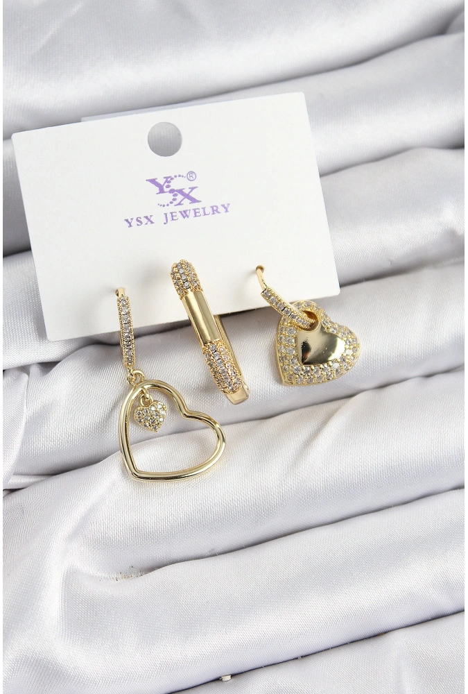 Shoecide Pirinç Zirkon Taşlı Kalp Model Gold Renk 3lü Kadın Küpe