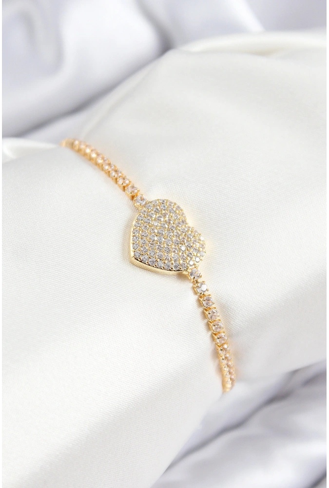 Shoecide Pirinç Zirkon Taşlı Kalp Model Gold Renk Asansörlü Kadın Bileklik