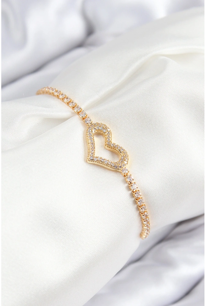 Shoecide Pirinç Zirkon Taşlı Kalp Model Gold Renk Asansörlü Kadın Bileklik