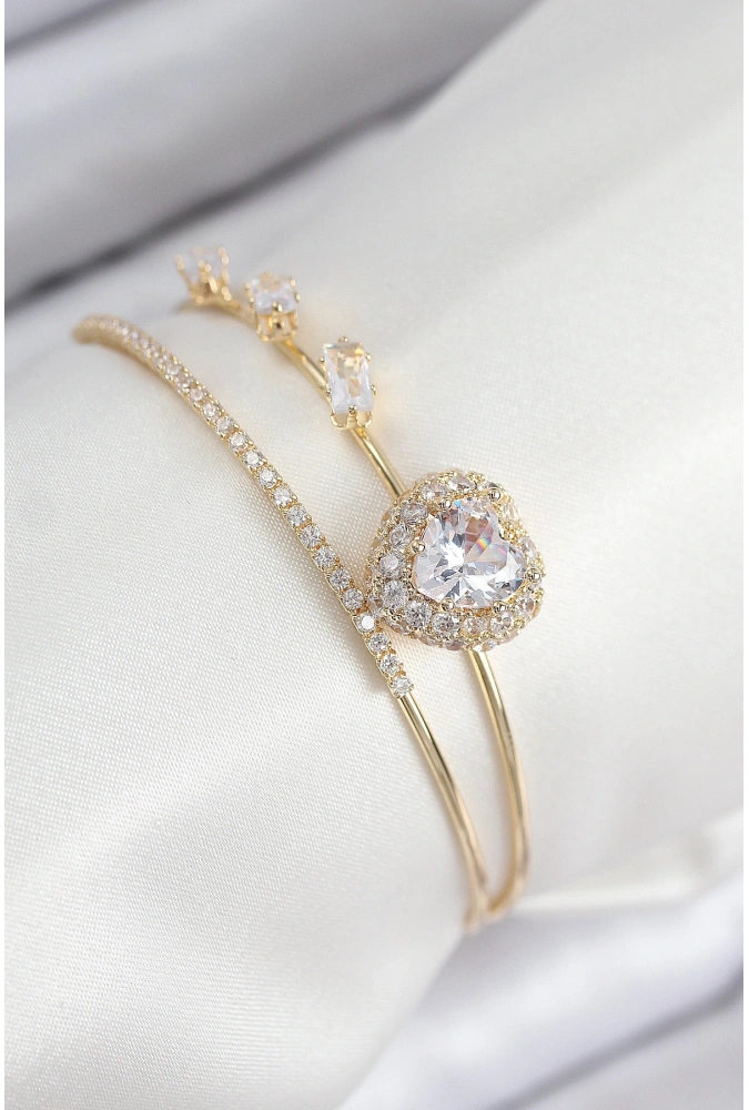 Shoecide Pirinç Zirkon Taşlı Kalp Model Gold Renk Kadın Bileklik