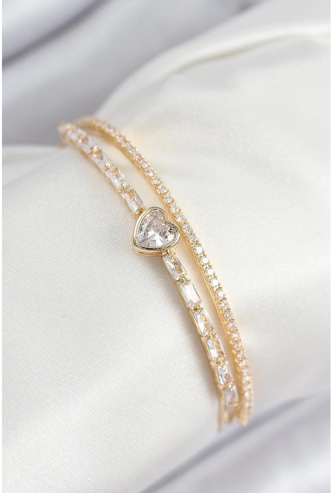 Shoecide Pirinç Zirkon Taşlı Kalp Model Gold Renk Kadın Bileklik