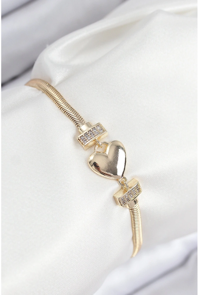 Shoecide Pirinç Zirkon Taşlı Kalp Model Gold Renk Kadın Bileklik