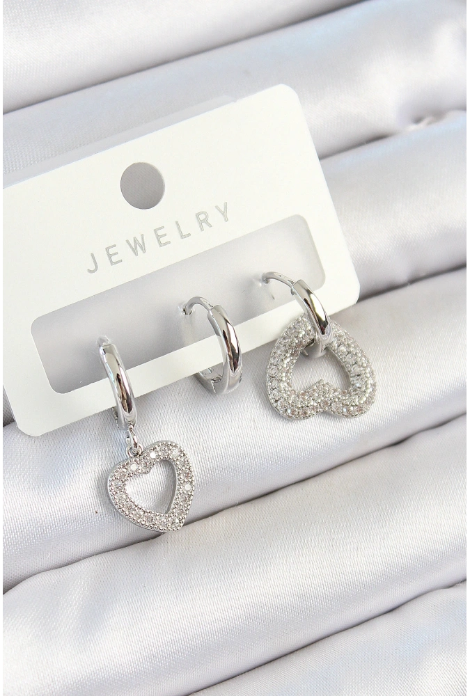Shoecide Pirinç Zirkon Taşlı Kalp Model Gümüş Renk 3lü Çift Kadın Küpe Set