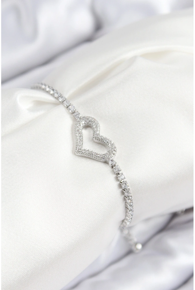 Shoecide Pirinç Zirkon Taşlı Kalp Model Gümüş Renk Asansörlü Kadın Bileklik