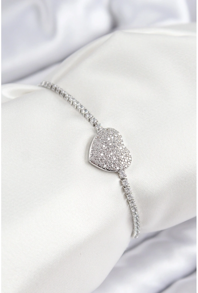 Shoecide Pirinç Zirkon Taşlı Kalp Model Gümüş Renk Asansörlü Kadın Bileklik