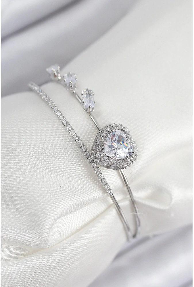 Shoecide Pirinç Zirkon Taşlı Kalp Model Gümüş Renk Kadın Bileklik