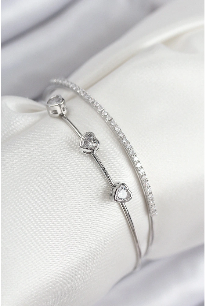 Shoecide Pirinç Zirkon Taşlı Kalp Model Gümüş Renk Kadın Bileklik