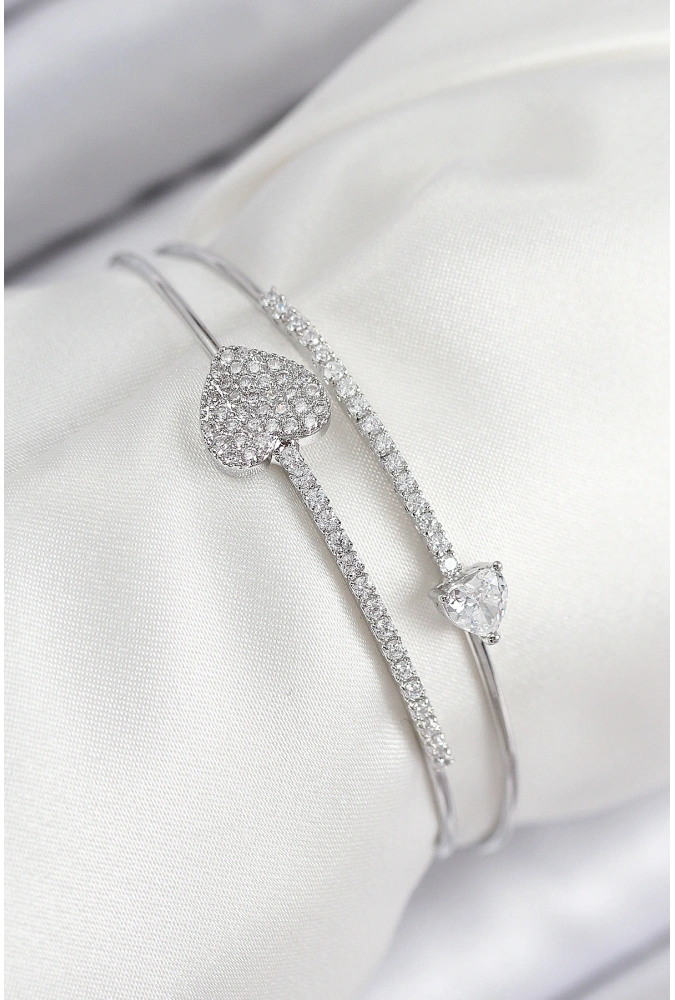 Shoecide Pirinç Zirkon Taşlı Kalp Model Gümüş Renk Kadın Bileklik