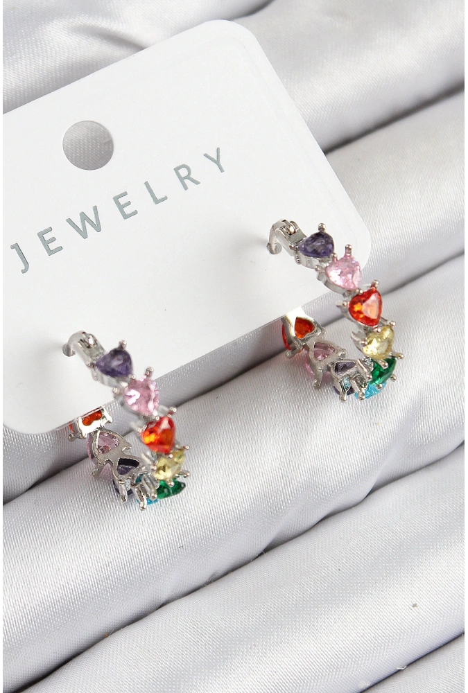 Shoecide Pirinç Zirkon Taşlı Kalp Model Gümüş Renk Kadın Küpe