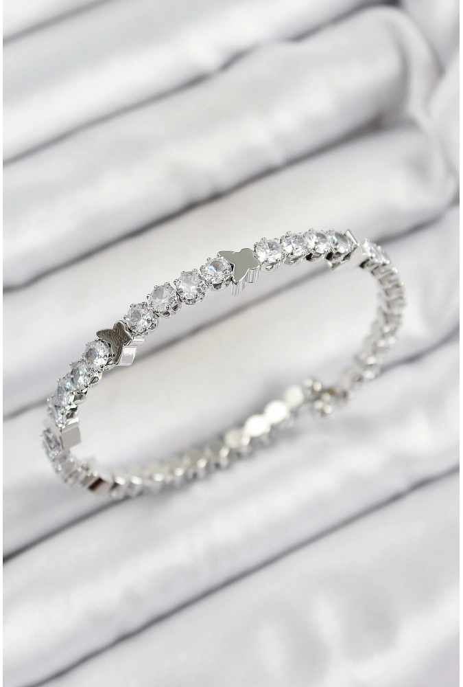 Shoecide Pirinç Zirkon Taşlı Kalp Model Gümüş Renk Yaylı Kadın Bileklik