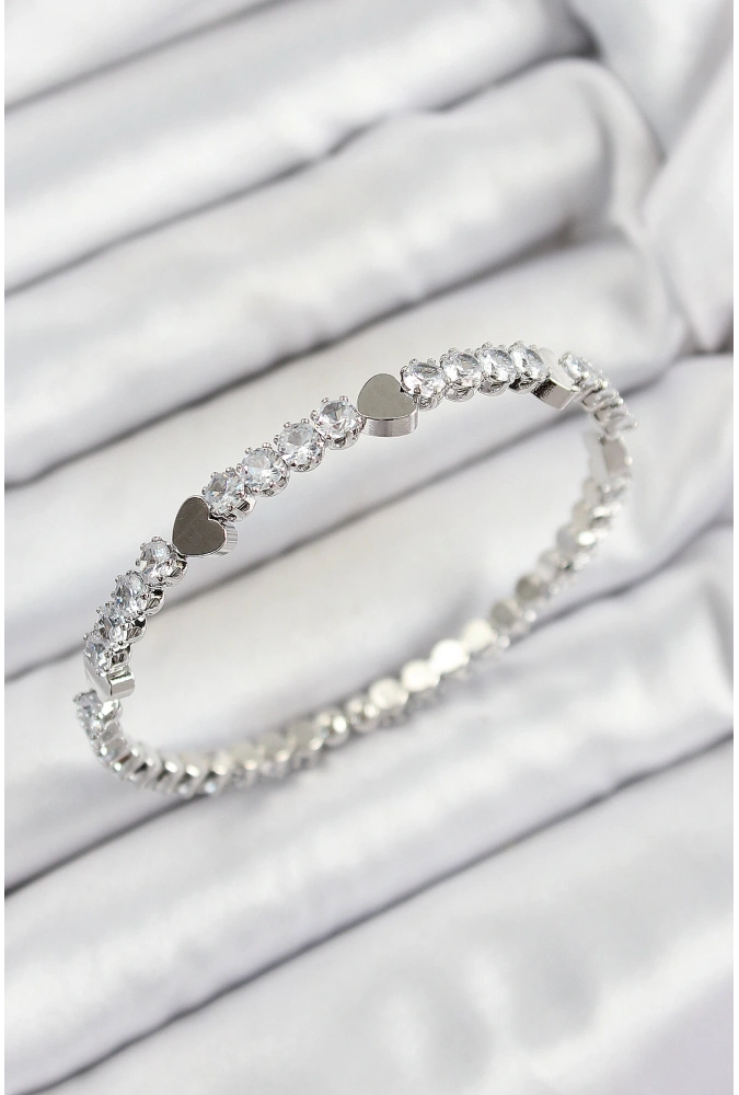 Shoecide Pirinç Zirkon Taşlı Kalp Model Gümüş Renk Yaylı Kadın Bileklik