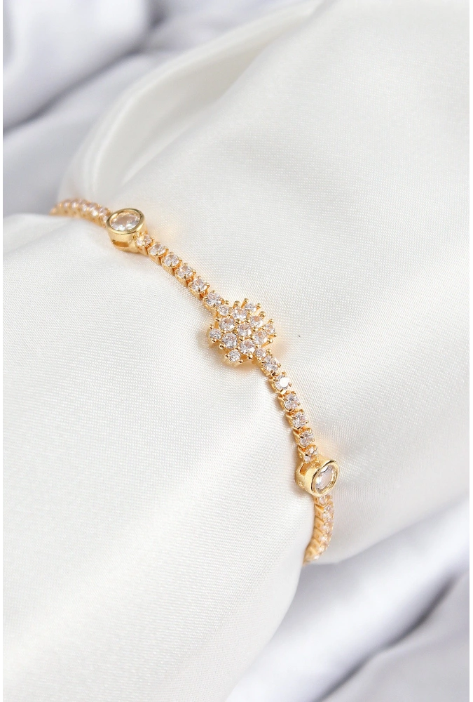 Shoecide Pirinç Zirkon Taşlı Kar Tanesi Model Gold Renk Asansörlü Kadın Bileklik