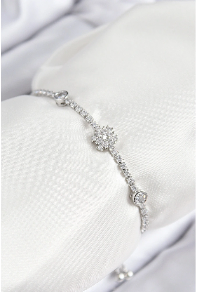 Shoecide Pirinç Zirkon Taşlı Kar Tanesi Model Gümüş Renk Asansörlü Kadın Bileklik