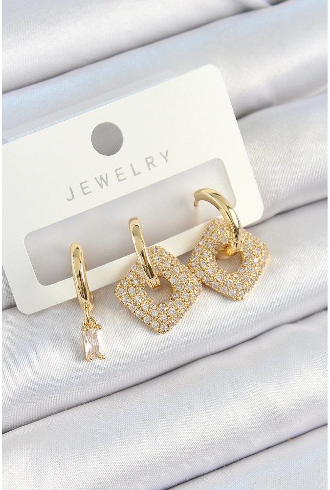 Shoecide Pirinç Zirkon Taşlı Kare Model Gold Renk 3lü Çift Kadın Küpe Set