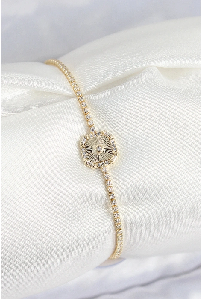 Shoecide Pirinç Zirkon Taşlı Kare Model Gold Renk Kadın Bilekilk