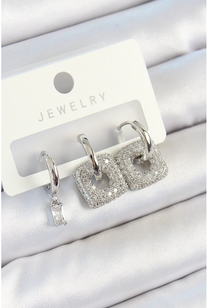 Shoecide Pirinç Zirkon Taşlı Kare Model Gümüş Renk 3lü Çift Kadın Küpe Set