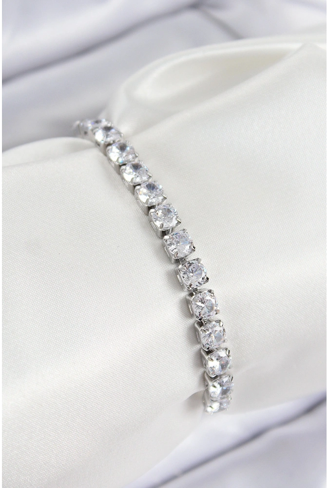 Shoecide Pirinç Zirkon Taşlı Kare Model Gümüş Renk Asansörlü Kadın Bileklik