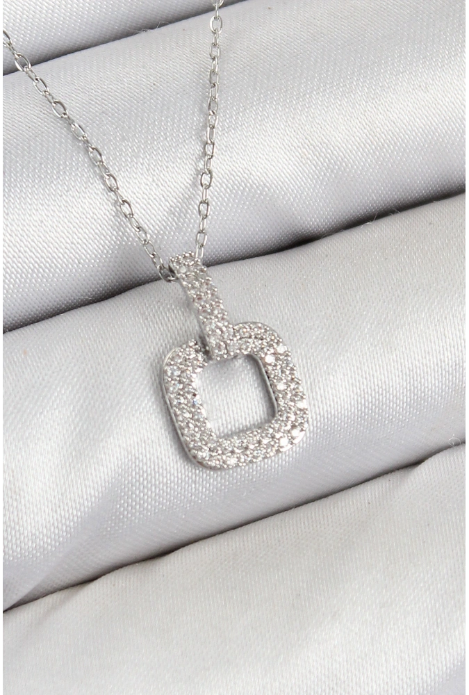 Shoecide Pirinç Zirkon Taşlı Kare Model Gümüş Renk Kadın Kolye