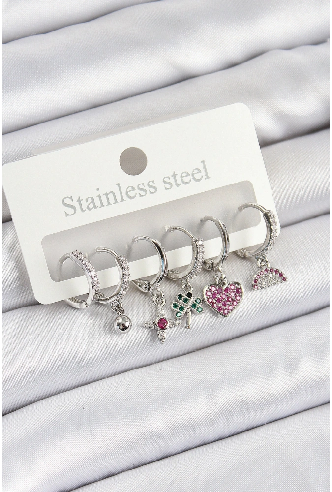 Shoecide Pirinç Zirkon Taşlı Karpuz Yonca Kalp Pusula Karışık Model Gümüş Renk 6lı Set Kadın Küpe