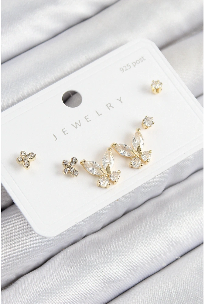 Shoecide Pirinç Zirkon Taşlı Kelebek Model Gold Renk 925 Ayar Gümüş Çivi Kadın Küpe Set