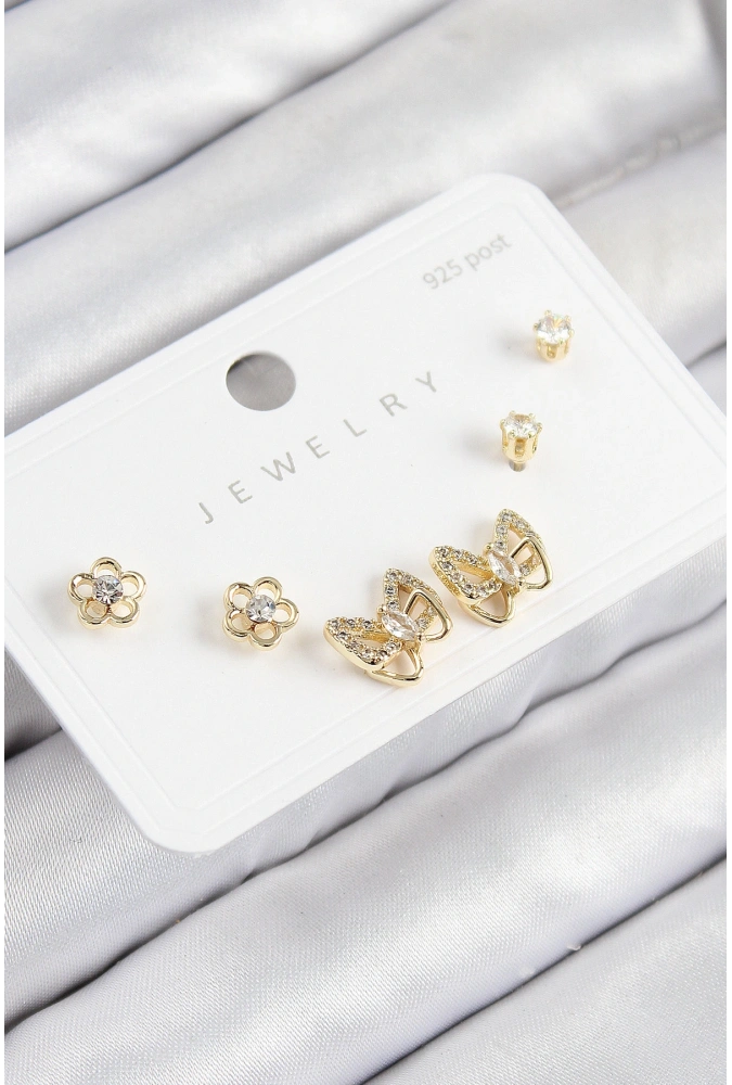 Shoecide Pirinç Zirkon Taşlı Kelebek Model Gold Renk 925 Ayar Gümüş Çivi Kadın Küpe Set