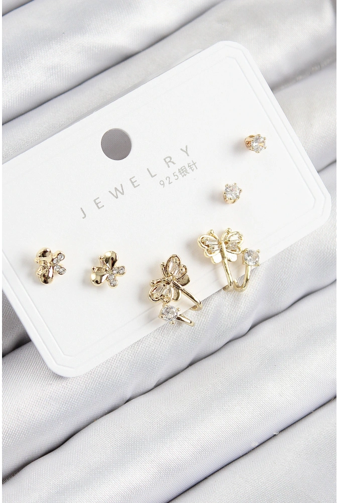 Shoecide Pirinç Zirkon Taşlı Kelebek Model Gold Renk 925 Ayar Gümüş Çivi Kadın Küpe Set