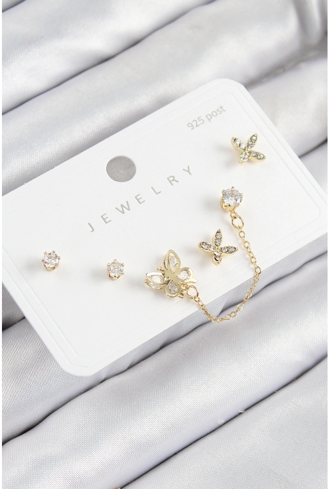 Shoecide Pirinç Zirkon Taşlı Kelebek Model Gold Renk 925 Ayar Gümüş Çivi Kadın Küpe Set
