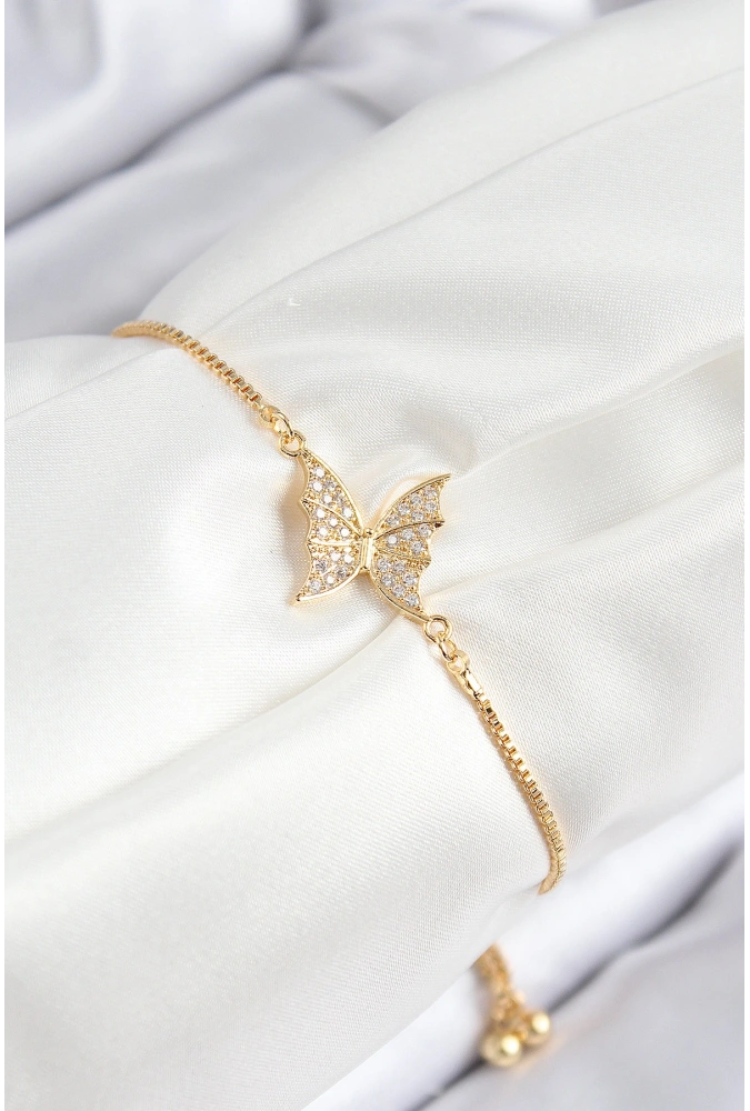 Shoecide Pirinç Zirkon Taşlı Kelebek Model Gold Renk Asansörlü Kadın Bileklik