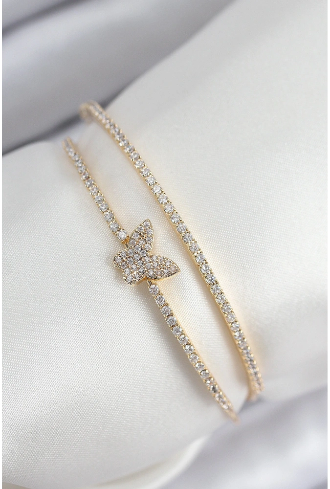 Shoecide Pirinç Zirkon Taşlı Kelebek Model Gold Renk Kadın Bileklik