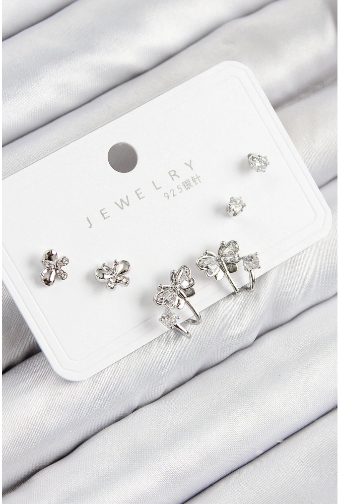 Shoecide Pirinç Zirkon Taşlı Kelebek Model Gümüş Renk 925 Ayar Gümüş Çivi Kadın Küpe Set