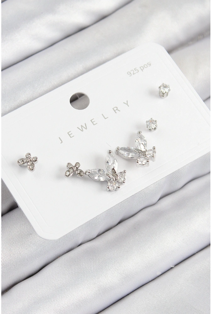 Shoecide Pirinç Zirkon Taşlı Kelebek Model Gümüş Renk 925 Ayar Gümüş Çivi Kadın Küpe Set